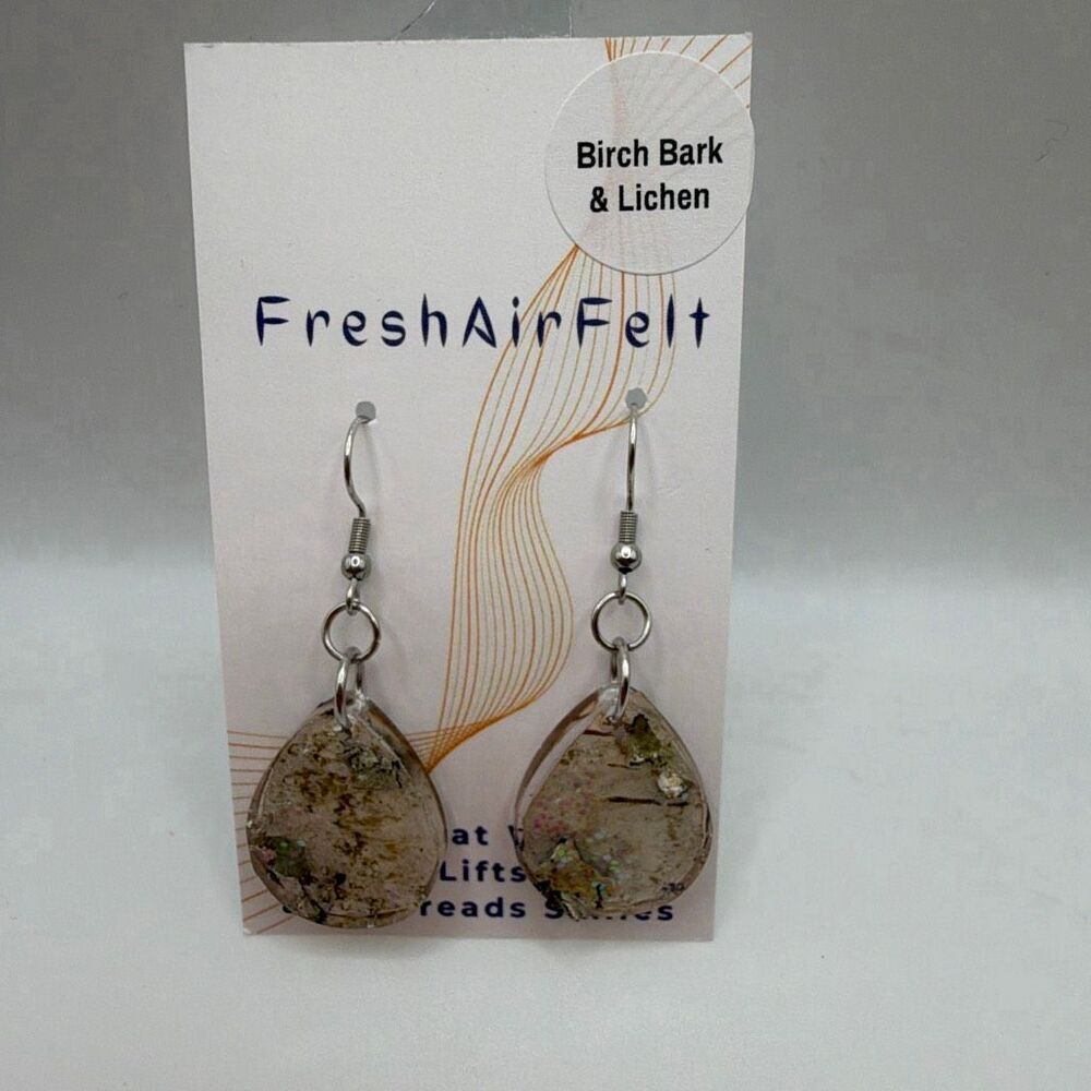 Birch Bark & lichen Unique hand crafted Resin Stainless drop steel earrings